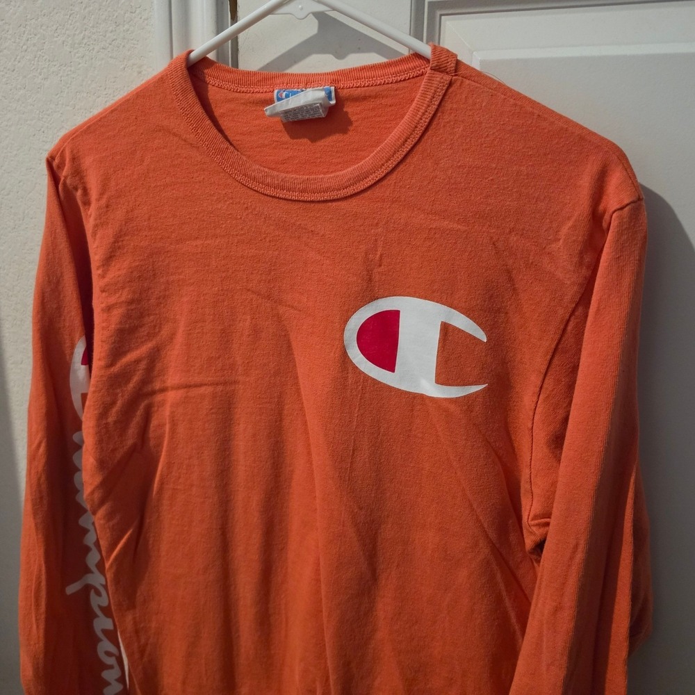 Champion Mens Orange Long Sleeve Big Logo Graphic T-Shirt Small S